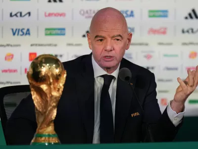 FILE - FIFA President Gianni Infantino speaks during a news conference at the stadium in Mexico City, Wednesday, June 10, 2026, a day before the opening FIFA World Cup match between Mexico and South Africa. (AP Photo/Eduardo Verdugo, File)