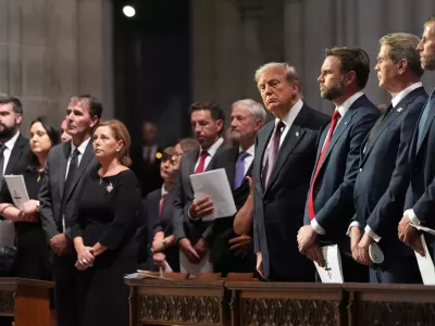 Sen. Darline Graham, R-S.C., her husband Larry Nardone, President Donald Trump, Vice President JD Vance, Treasury Secretary Scott Bessent and Eric Trump attend the funeral of Sen. Lindsey Graham, R-S.C., at the Washington National Cathedral, Tuesday, July 28, 2026, in Washington. (AP Photo/Alex Brandon)