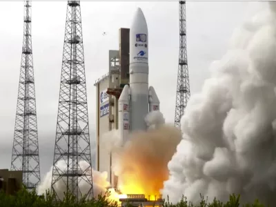 In this image provided by the European Space Agency, an Ariane rocket carrying the robotic explorer Juice takes off from Europe's Spaceport in French Guiana, Friday, April 14, 2023. European spacecraft has blasted off on a quest to explore Jupiter and three of its ice-encrusted moons. Dubbed Juice, the robotic explorer set off on an eight-year journey Friday from French Guiana in South America, launching atop an Ariane rocket. (ESA via AP)