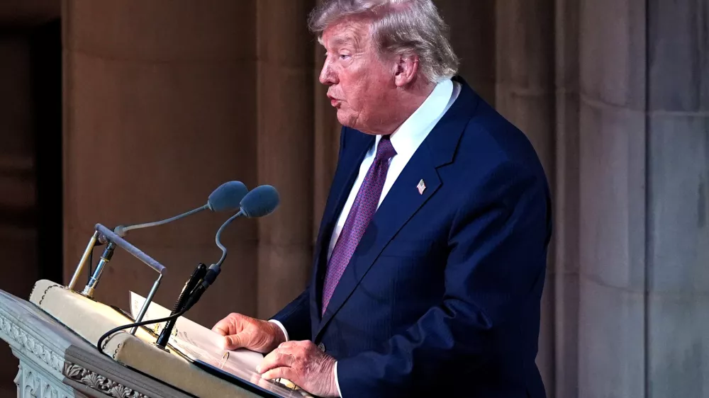 President Donald Trump speaks during the funeral of Sen. Lindsey Graham, R-S.C., Tuesday July 28, 2026, at the Washington National Cathedral in Washington. (AP Photo/Jacquelyn Martin)