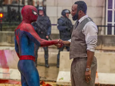 This image released by Sony Pictures shows Spider-Man, left, and Tramell Tillman in a scene from "Spider-Man: Brand New Day." (Sony Pictures via AP)