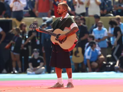 Justin Bieber performs during the halftime show during the World Cup final soccer match between Spain and Argentina in East Rutherford, N.J., near New York, Sunday, July 19, 2026. (AP Photo/Pamela Smith)