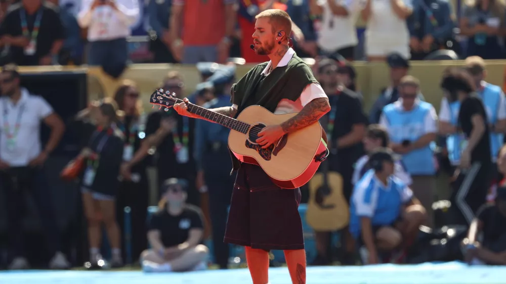 Justin Bieber performs during the halftime show during the World Cup final soccer match between Spain and Argentina in East Rutherford, N.J., near New York, Sunday, July 19, 2026. (AP Photo/Pamela Smith)