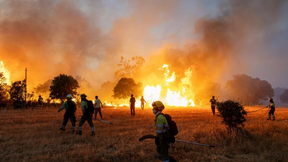 Residents and firefighters work to extinguish an advancing wildfire near Formariz in Zamora province, Spain, July 29, 2026. REUTERS/Umit Bektas   TPX IMAGES OF THE DAY