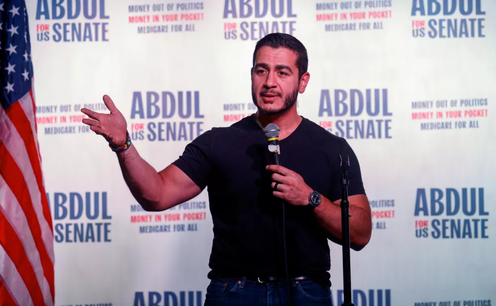 U.S. Senate candidate Abdul El-Sayed (D-MI) speaks during a campaign rally in Ferndale, Michigan, U.S., July 25, 2026. REUTERS/Rebecca Cook