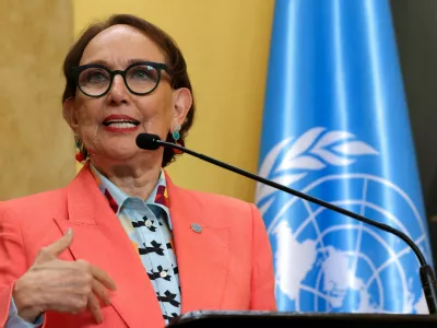 FILE PHOTO: Rebeca Grynspan, former Vice President of Costa Rica, speaks during a news conference where the government announced her nomination for United Nations secretary-general, in San Jose, Costa Rica, October 8, 2025. REUTERS/Mayela Lopez/File Photo