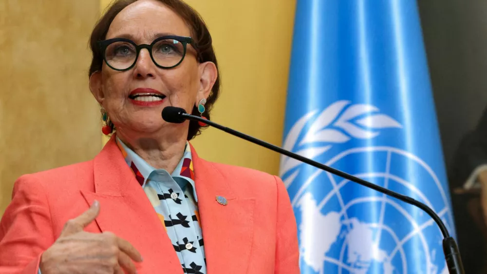 FILE PHOTO: Rebeca Grynspan, former Vice President of Costa Rica, speaks during a news conference where the government announced her nomination for United Nations secretary-general, in San Jose, Costa Rica, October 8, 2025. REUTERS/Mayela Lopez/File Photo