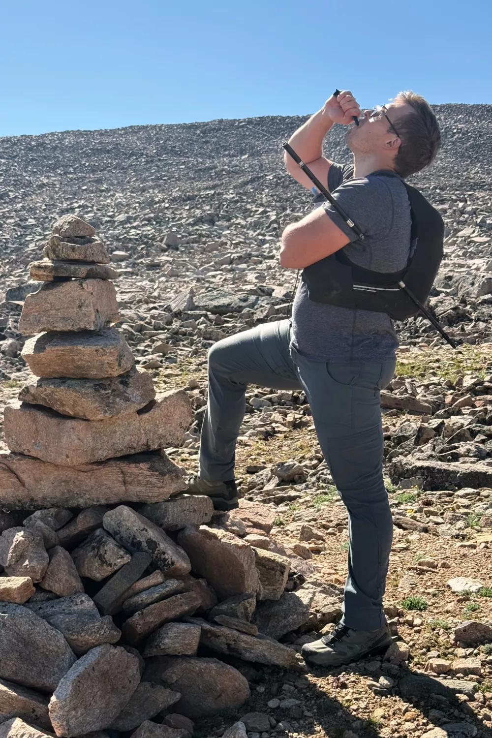 This photo provided by David Cifaldi shows Cifaldi after he impaled himself on a trekking pole while attempting to climb Montana's highest summit, Granite Peak, on Monday, July 20, 2026, near Roscoe, Mont. (Jesse Ross via AP)