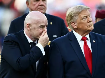 Soccer Football - FIFA World Cup 2026 - Final - Spain v Argentina - New York/New Jersey Stadium, East Rutherford, New Jersey, U.S. - July 19, 2026 U.S. President Donald Trump and FIFA President Gianni Infantino during the trophy presentation after the match REUTERS/Dylan Martinez