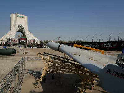 A drone is displayed by the Iranian armed forces in a temporary exhibition in front of the Azadi (Freedom) monument in Tehran, Iran, Wednesday, July 29, 2026. (AP Photo/Vahid Salemi)