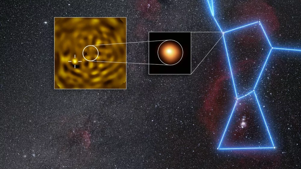 Cile.Posnetek zvezde, ki krozi okoli Betelgeze.Astronomi so prvic posneli podobo dolgo iskane zvezde, ki krozi okoli Betelgeze, ene najsvetlejsih in najbolj prepoznavnih zvezd na nocnem nebu. Odkritje po vec kot stoletju iskanja med drugim potrjuje domnevo, da znacilno spreminjanje svetlosti velike zvezde povzroca njena precej manjsa spremljevalka.