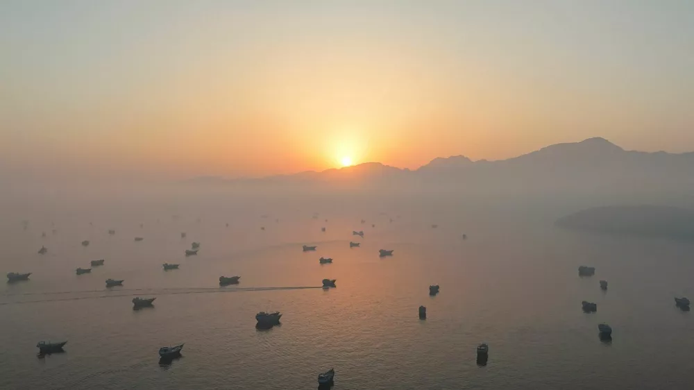 FILE PHOTO: A drone view shows vessels in the Strait of Hormuz, as seen from Musandam, Oman, June 15, 2026. REUTERS/Stringer/File Photo/File Photo
