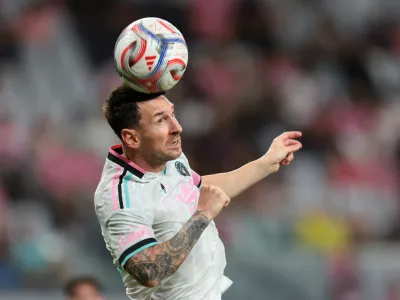 Aug 1, 2026; Miami, Florida, USA; Inter Miami CF forward Lionel Messi (10) hits a header against the Columbus Crew during the second half at Nu Stadium. Mandatory Credit: Sam Navarro-Imagn Images
