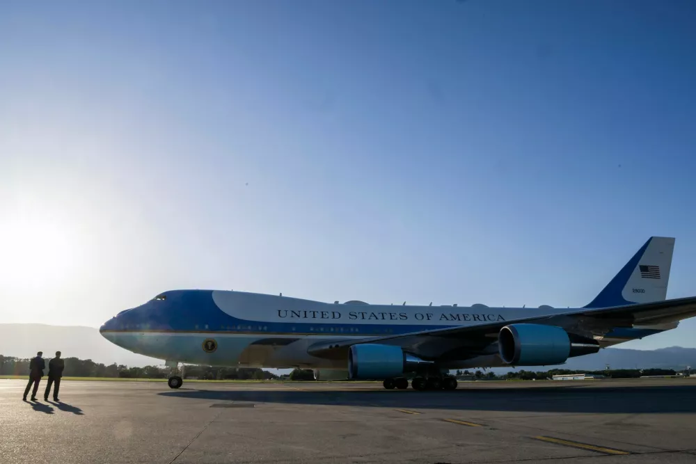Air Force One, with US President Donald Trump onboard, is seen before departing from Geneva Airport, following the G7 summit in nearby Evian-les-Bains, France, in Geneva, Switzerland, Wednesday, June 17, 2026. (Martial Trezzini/Keystone/Pool via AP)