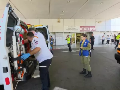 Paramedics work to move an Israeli casualty from inside an ambulance, after being wounded in an explosion in Lebanon, at Rambam Health Care Campus in Haifa, Israel, August 5, 2026. Rambam Health Care Campus/Handout via REUTERS  THIS IMAGE HAS BEEN SUPPLIED BY A THIRD PARTY Verification Lines: Reuters was able to confirm the location of the video from heliport, roundabout, buildings and signage which matched archive and satellite imagery of the area. Date was confirmed by Rambam hospital's spokesperson.