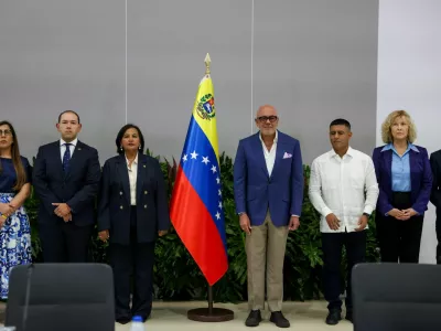 Venezuela's National Assembly President Jorge Rodriguez and former opposition lawmaker Dinorah Figuera attend the opening session of the national dialogue in Caracas, Venezuela, August 6, 2026. REUTERS/Leonardo Fernandez Viloria