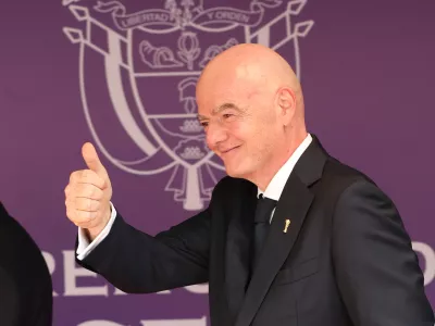 FIFA President Gianni Infantino arrives for the inauguration of Colombia's new president Abelardo de la Espriella in Cali, Colombia, Friday, Aug. 7, 2026. (AP Photo/Santiago Saldarriaga)