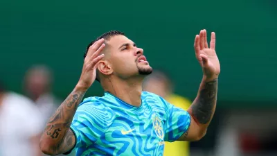 FILE PHOTO: Soccer Football - FIFA World Cup 2026 - Round of 16 - Brazil v Norway - New York New Jersey Stadium, East Rutherford, New Jersey, U.S. - July 5, 2026 Brazil's Bruno Guimaraes during the warm up before the match REUTERS/Mike Segar/File Photo