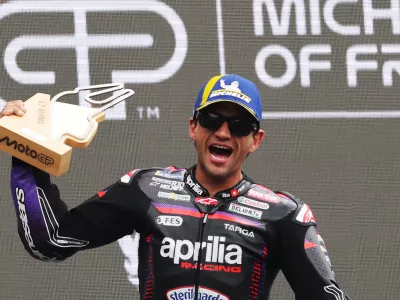 MotoGP - French Grand Prix - Bugatti Circuit, Le Mans, France - May 10, 2026 Aprilia Racing's Jorge Martin celebrates on the podium after winning the MotoGP race REUTERS/Stephane Mahe