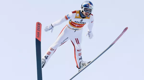 Daniel Tschofenig of Austria competes during the Ski Jumping Men's HS130 Super Team at the FIS Nordic World Cup Lahti Ski Games in Lahti,, Finland, Sunday March 8, 2026. (Petri Korteniemi/Lehtikuva via AP)