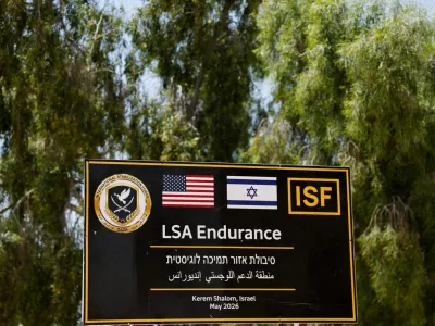A sign at the entrance to the LSA Endurance, a logistical support and staging facility designed to support the International Stabilization Force (ISF) under the direction of the Board of Peace (BoP), near the Israel-Gaza border in the Kerem Shalom area, southern Israel, August 10, 2026. REUTERS/Amir Cohen