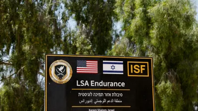 A sign at the entrance to the LSA Endurance, a logistical support and staging facility designed to support the International Stabilization Force (ISF) under the direction of the Board of Peace (BoP), near the Israel-Gaza border in the Kerem Shalom area, southern Israel, August 10, 2026. REUTERS/Amir Cohen