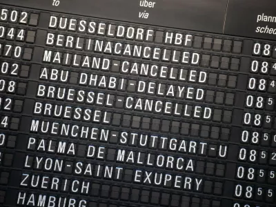 15 March 2022, Hessen, Frankfurt/Main: Numerous flights are canceled on the display board of the airport in Frankfurt. Due to a strike by security personnel, almost no regular flights are taking off in Frankfurt today. Photo: Boris Roessler/dpa,Image: 670886269, License: Rights-managed, Restrictions: GERMANY OUT, Model Release: no 