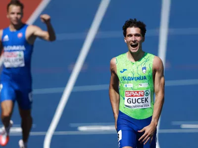 Matic Ian Gucek of Slovenia reacts after placing second in a men's 400 meters hurdles semifinal at the European Athletics Championships in Birmingham, England, Wednesday, Aug. 12, 2026. (AP Photo/Morgan Harlow)