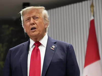 President Donald Trump speaks during a meeting with Canada's Prime Minister Mark Carney on the sidelines of the G7 Summit, Monday, June 16, 2025, in Kananaskis, Canada. (AP Photo/Mark Schiefelbein)