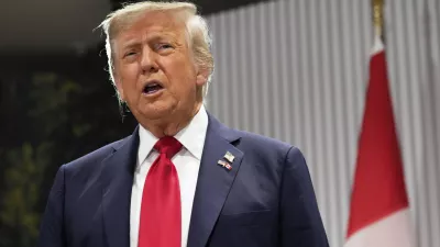 President Donald Trump speaks during a meeting with Canada's Prime Minister Mark Carney on the sidelines of the G7 Summit, Monday, June 16, 2025, in Kananaskis, Canada. (AP Photo/Mark Schiefelbein)