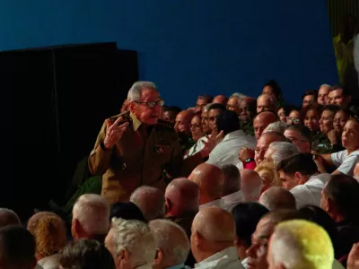 Cuban leader Raul Castro speaks during a gala commemorating the 100th anniversary of his brother Fidel Castro's birth at the Karl Marx theater in Havana, Cuba, Thursday, Aug. 13, 2026. (AP Photo/Ramon Espinosa)