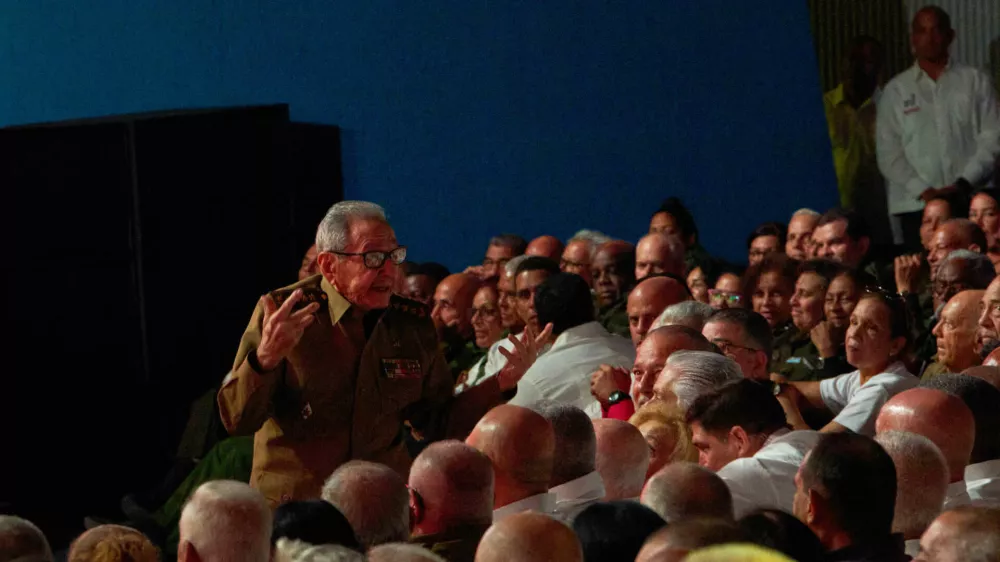 Cuban leader Raul Castro speaks during a gala commemorating the 100th anniversary of his brother Fidel Castro's birth at the Karl Marx theater in Havana, Cuba, Thursday, Aug. 13, 2026. (AP Photo/Ramon Espinosa)
