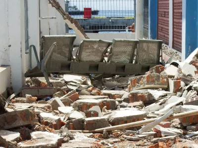 A bench sits among rubble at a heavily-damaged building at L. Say port following an earthquake in Maumere, Sikka, East Nusa Tenggara province, Indonesia, August 15, 2026. REUTERS/Stringer
