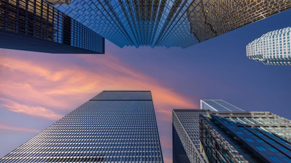 Toronto financial business district skyline. Skycrapers and corporate office buildings that hosts international corporations, banks and businesses