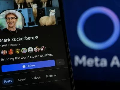 February 25, 2025, Bandung, West Java, Indonesia: In this photo illustration, the Mark Zuckerberg facebook account profiles displayed on a smartphone screen with Meta AI in the background.,Image: 968652813, License: Rights-managed, Restrictions:, Model Release: no
