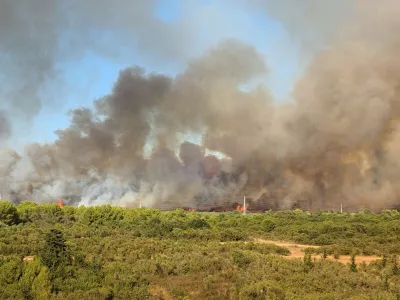 Smoke and flames rise from a wildfire in Zadar, Croatia, August 14, 2026, in this screen grab obtained from a social media video. DOMINIK BRKLJACA/via REUTERS THIS IMAGE HAS BEEN SUPPLIED BY A THIRD PARTY. MANDATORY CREDIT. NO RESALES. NO ARCHIVES. Verification: -Buildings, terrain and roads that matched the archive and satellite imagery of the area. -Coordinates: 44.162936, 15.227675. -Original file metadata. -Croatian Fire Service reports of the fire.