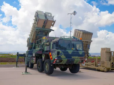 Ramat David, Israel - April 23, 2015: Patriot Guided Missile System and Iron Dome launcher at the exhibition for Israeli Independence Day on April 23, 2015