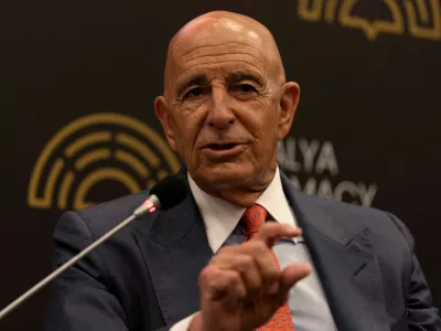 FILE PHOTO: U.S. Special Envoy for Syria and Ambassador to Turkey Tom Barrack speaks during a session at Antalya Diplomacy Forum in Antalya, Turkey, April 17, 2026. REUTERS/Umit Bektas/File Photo