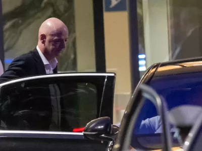 FIFA president Gianni Infantino leaves after attending a Women AFCON 2026 soccer match between Malawi and Zambia, in Rabat, Morocco, Wednesday, Aug. 5, 2026. (AP Photo)