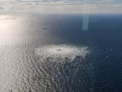 FILE PHOTO: Gas leak at Nord Stream 2 as seen from the Danish F-16 interceptor on Bornholm, Denmark September 27, 2022. Danish Defence Command/Forsvaret Ritzau Scanpix/via REUTERS  ATTENTION EDITORS - THIS IMAGE WAS PROVIDED BY A THIRD PARTY. DENMARK OUT. NO COMMERCIAL OR EDITORIAL SALES IN DENMARK./File Photo