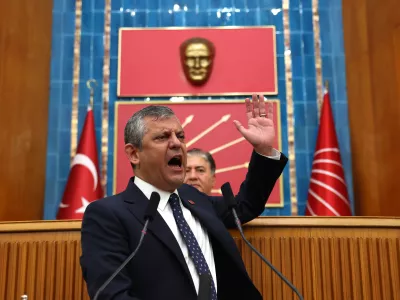 Turkey's deposed main opposition Republican People's Party (CHP) leader Ozgur Ozel addresses party's supporters during a parliamentary group meeting in Ankara, Turkey, Tuesday, July 21, 2026. (Yavuz Ozden/DIA Photo via AP)