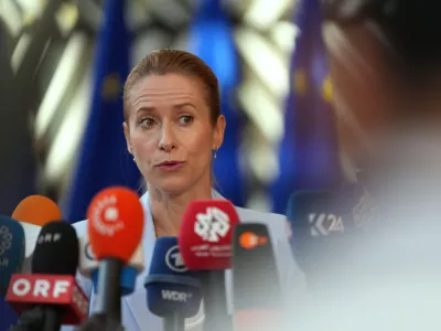 European Union foreign policy chief Kaja Kallas speaks with the media as she arrives for a meeting of EU foreign ministers in Brussels, Monday, July 13, 2026. (AP Photo/Marius Burgelman)