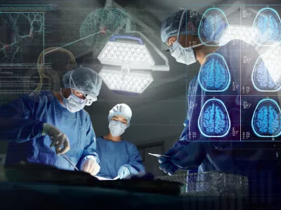 Surgery, team and overlay working research operation or hospital theater, confident or patient trust. Male person, hands and professional tools for brain anatomy, neurology skull or medical doctors