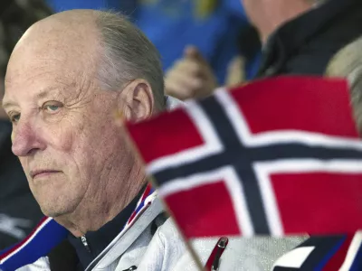 FILE - King Harald V of Norway watches Team Norway take on Team Great Britain during Olympic men's curling action at the Olympic Centre on Feb. 23, 2010 during the 2010 Vancouver Olympic Winter Games in Vancouver. (Nathan Denette, The Canadian Press via AP, File)