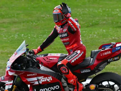 MotoGP - German Grand Prix - Sachsenring, Hohenstein-Ernstthal, Germany - July 11, 2026 Ducati Lenovo Team's Marc Marquez celebrates after winning the sprint race REUTERS/Annegret Hilse