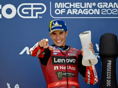 MotoGP - Aragon Grand Prix - Ciudad del Motor de Aragon, Aragon, Spain - August 30, 2026 Ducati Lenovo Team's Marc Marquez celebrates on the podium after winning the MotoGP REUTERS/Pablo Morano