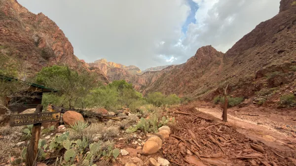 Bright Angel Creek near the Phantom Ranger Station in the Grand Canyon, Arizona, is seen after flash flooding from storms, Saturday, Aug. 29, 2026. (Parth Desai via AP)