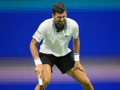 Novak Djokovic, of Serbia, reacts during the first round of the U.S. Open tennis championships against Mariano Navone, of Argentina, Sunday, Aug. 30, 2026, in New York. (AP Photo/Frank Franklin II)