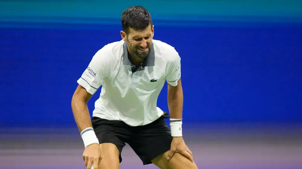 Novak Djokovic, of Serbia, reacts during the first round of the U.S. Open tennis championships against Mariano Navone, of Argentina, Sunday, Aug. 30, 2026, in New York. (AP Photo/Frank Franklin II)