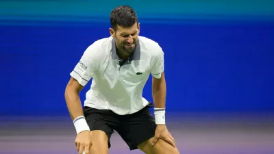 Novak Djokovic, of Serbia, reacts during the first round of the U.S. Open tennis championships against Mariano Navone, of Argentina, Sunday, Aug. 30, 2026, in New York. (AP Photo/Frank Franklin II)